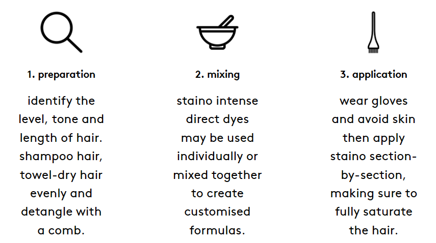 PREPARATION: identify the level, tone and length of hair. Shampoo hair, towel-dry evenly and detangle with a comb. MIXING: staino intense direct dyes may be used individually or mixed together to create customised formulas. APPLICATION: wear gloves and avoid skin then apply staino section-by-section, making sure to fully saturate the hair.